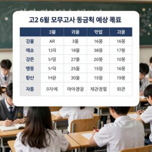 고2 6월 모의고사 등급컷 예상 표와 3월 등급컷 비교 그래프