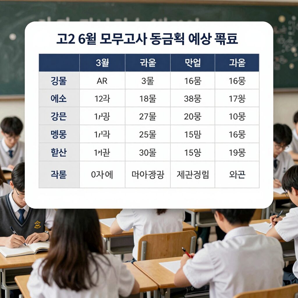 고2 6월 모의고사 등급컷 예상 표와 3월 등급컷 비교 그래프