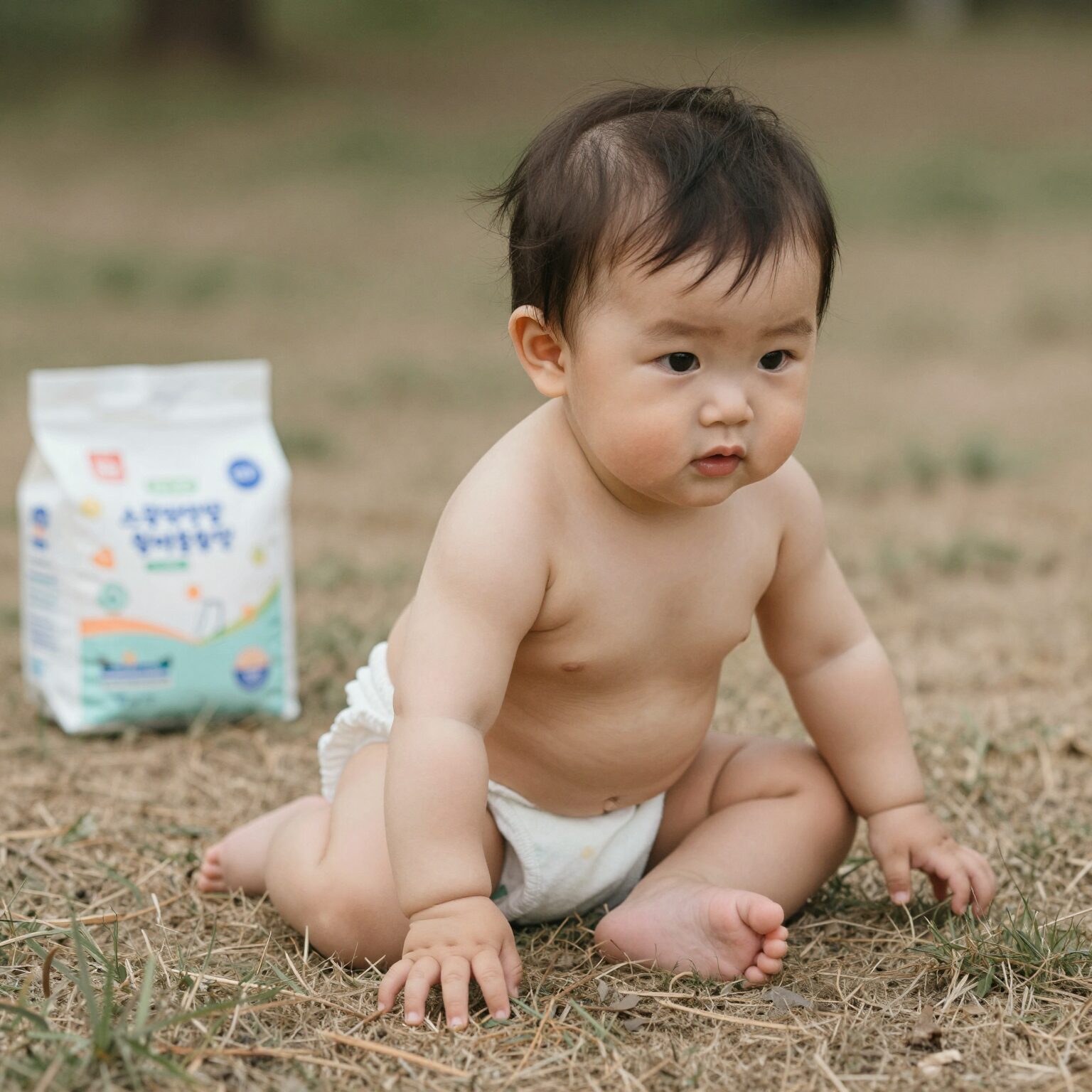 하기스썸머 기저귀를 착용하고 신나게 뒹구는 아기 모습