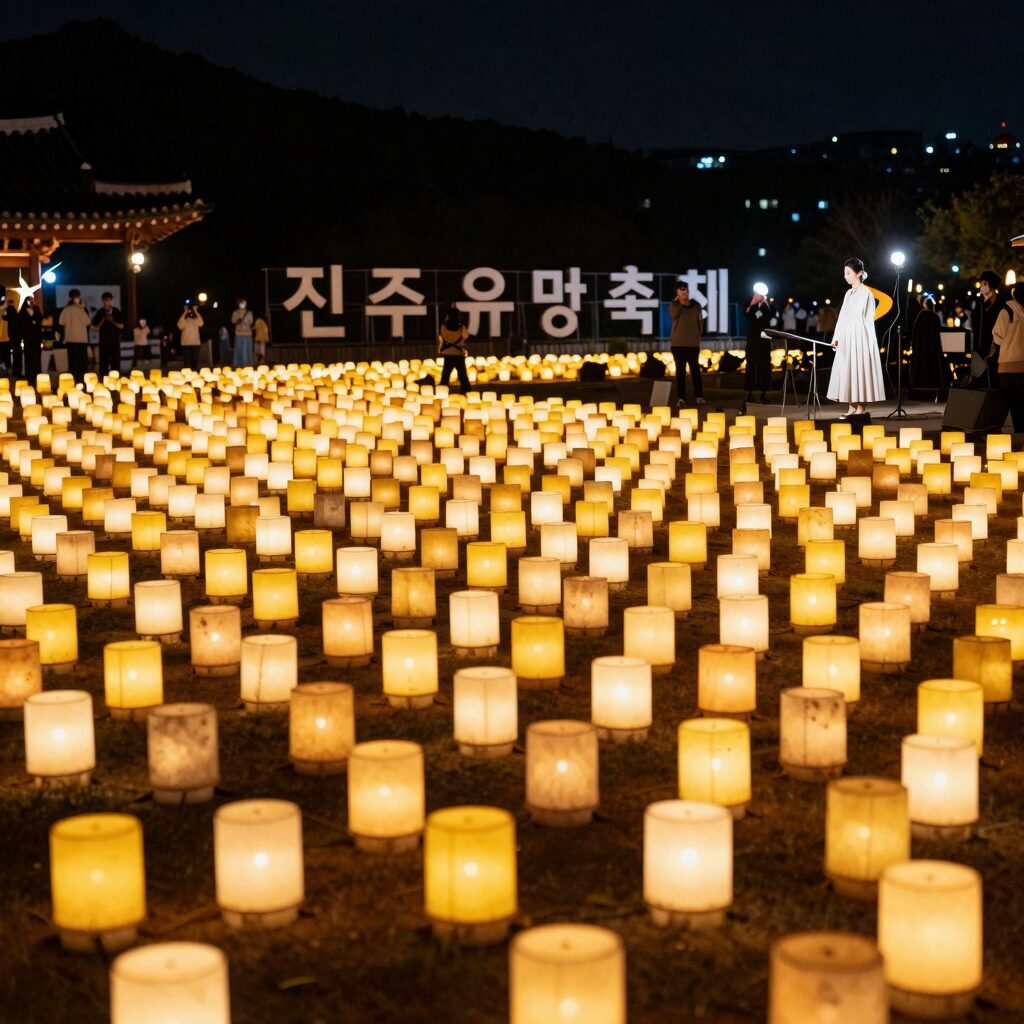 진주 유등축제 야경 - 남강 위에 떠 있는 다양한 모양의 등불들이 황홀한 분위기를 자아냄