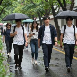 6월 장마철 빗길을 걷는 사람들