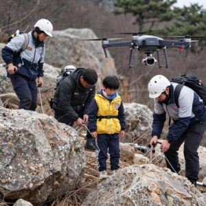 주왕산 실종 초등생 수색 현장 드론과 구조대원들이 협력하여 야산을 뒤지는 모습