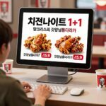 KFC 매장 키오스크에 표시된 치킨나이트 1+1 메뉴판, 핫크리스피와 갓양념통다리 가격이 강조됨