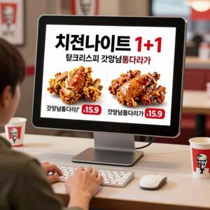 KFC 매장 키오스크에 표시된 치킨나이트 1+1 메뉴판, 핫크리스피와 갓양념통다리 가격이 강조됨