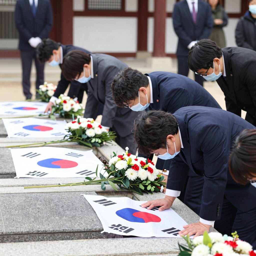 한국 현충일 추모식에서 국립묘지를 방문한 사람들이 묵념하고 있는 모습. 태극기와 국화꽃이 배치되어 있다.