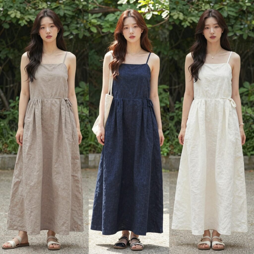 여름 린넨 롱원피스 스타일링 예시