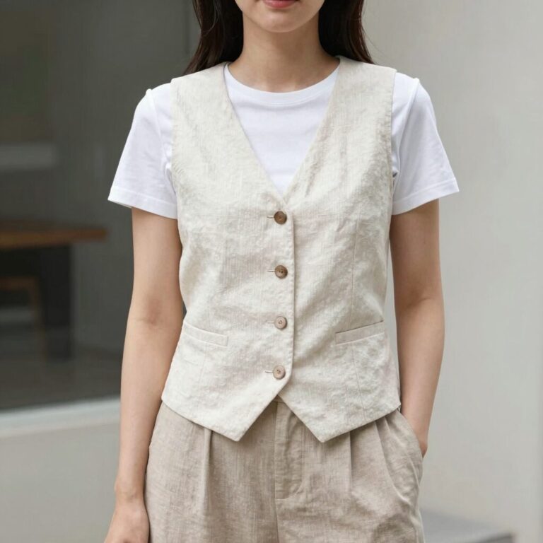 아이보리 린넨베스트를 화이트 티셔츠와 베이지 와이드 팬츠 위에 레이어드한 여성의 여름 스타일링 사진