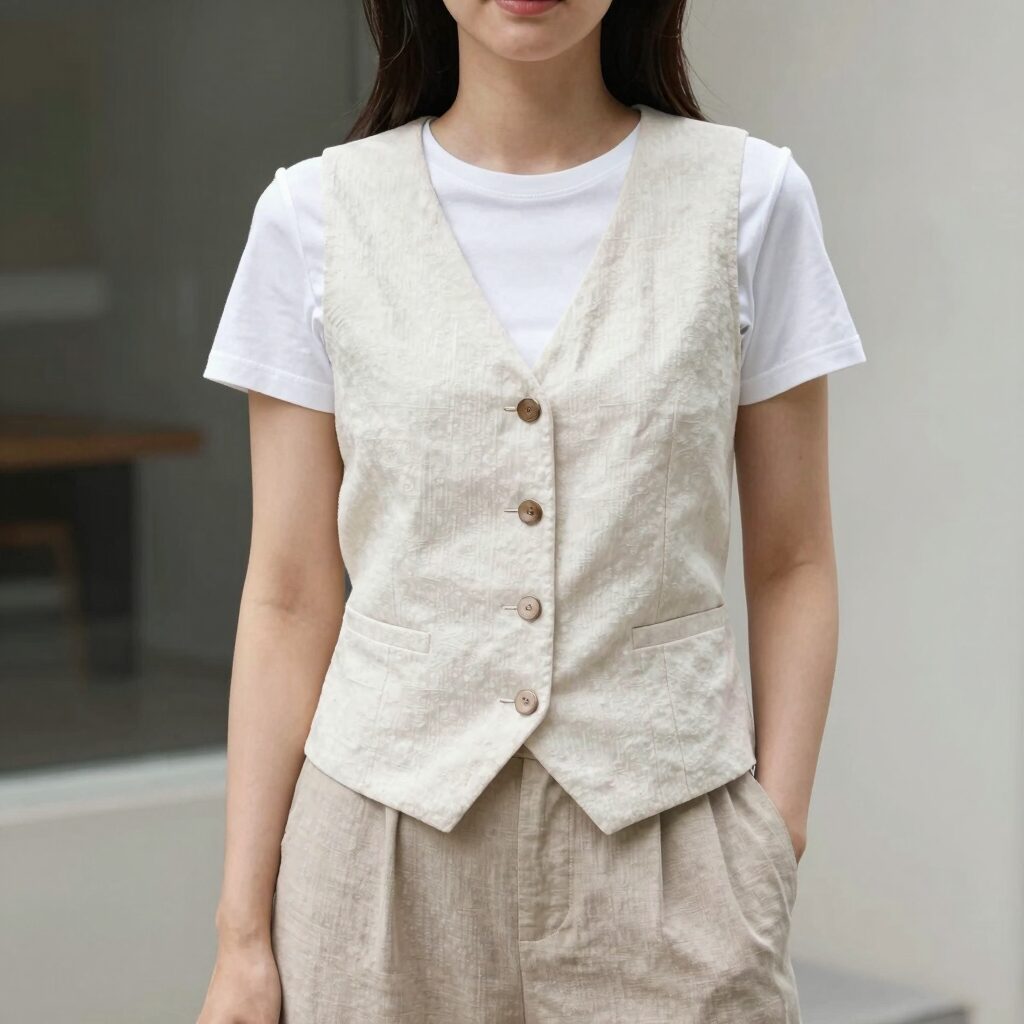 아이보리 린넨베스트를 화이트 티셔츠와 베이지 와이드 팬츠 위에 레이어드한 여성의 여름 스타일링 사진