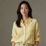 여성이 밝은 색상의 린넨 셔츠를 입고 캐주얼하게 포즈를 취한 모습