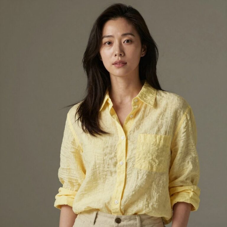 여성이 밝은 색상의 린넨 셔츠를 입고 캐주얼하게 포즈를 취한 모습