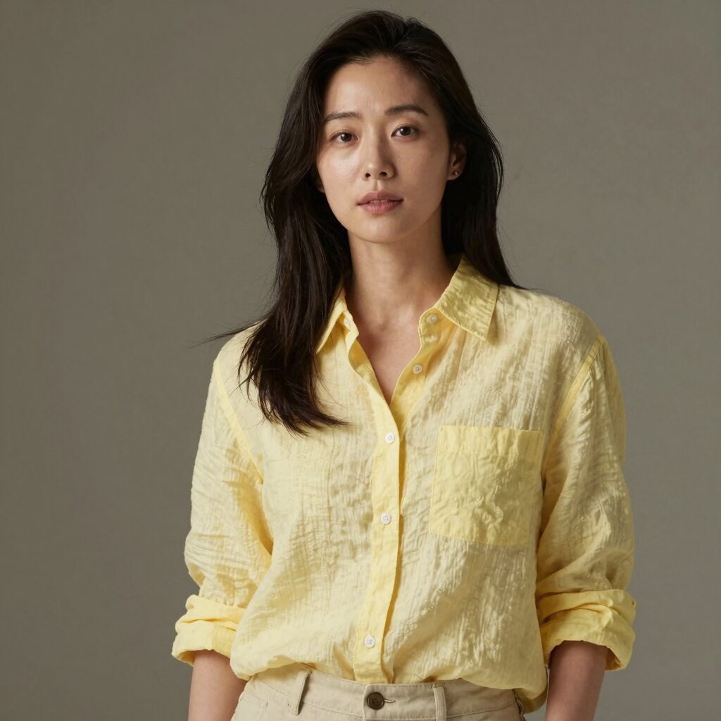 여성이 밝은 색상의 린넨 셔츠를 입고 캐주얼하게 포즈를 취한 모습