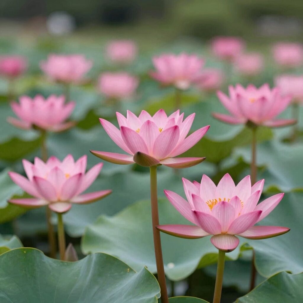 연꽃 피는 시기 여름 연못에 핀 분홍 연꽃