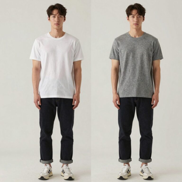 남성 반팔티셔츠 스타일링 체형별 핏 비교