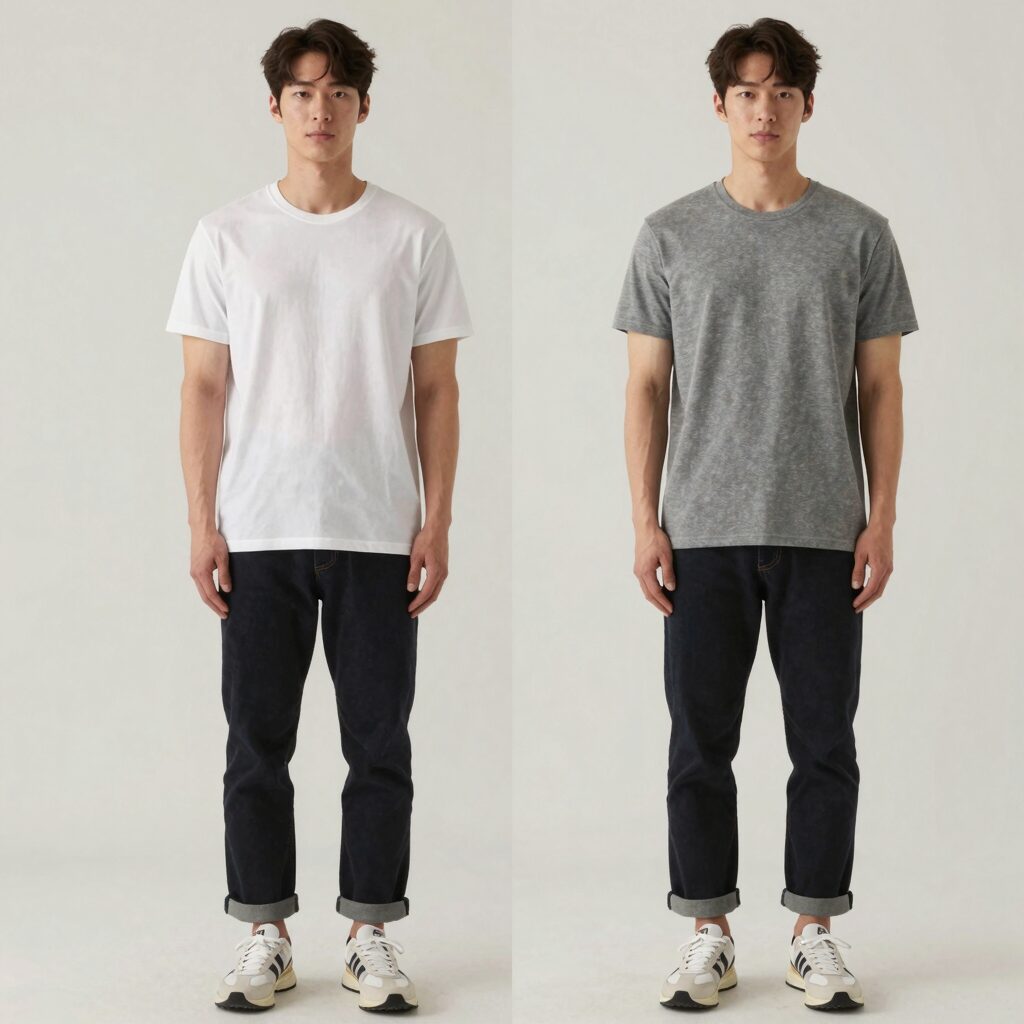 남성 반팔티셔츠 스타일링 체형별 핏 비교