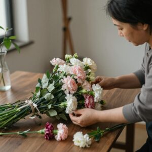 어머니 날 카네이션 꽃다발이 테이블 위에 놓여 있는 사진