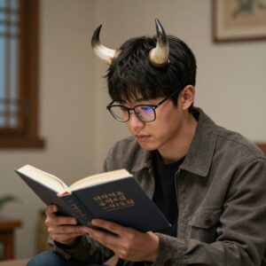 뿔테 안경을 쓰고 책에 집중하는 남성의 모습, 전형적인 너드남 이미지