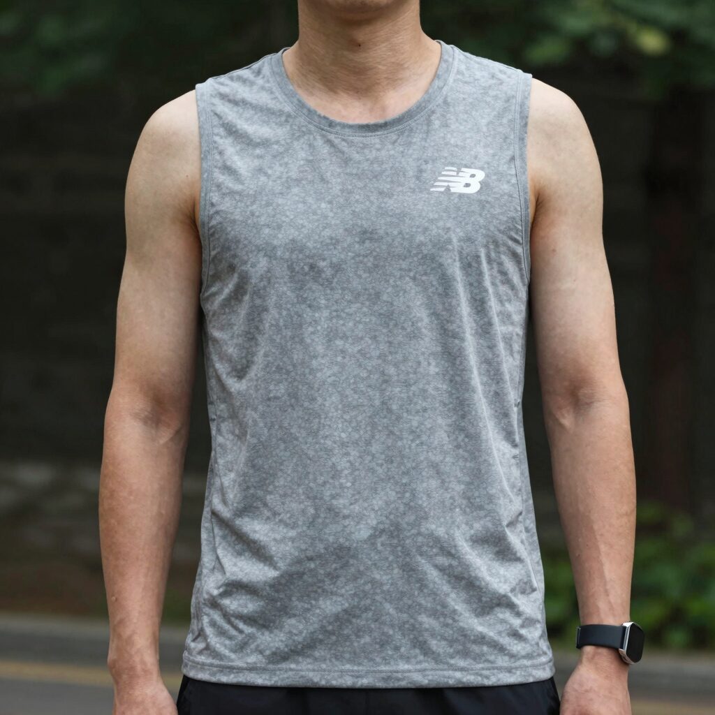뉴발란스 시티러닝 반팔티 그레이 색상 착용 모습