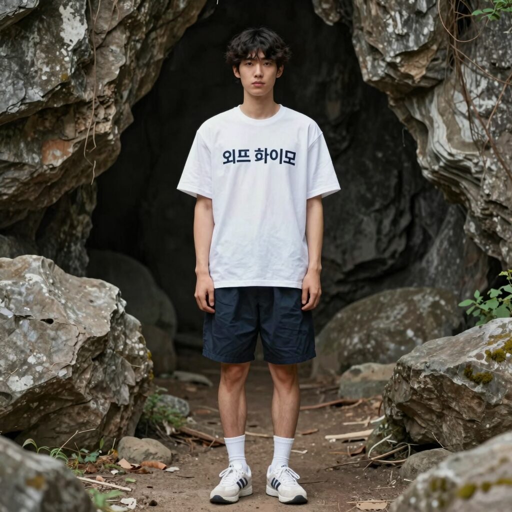 오프 화이트 로고 반팔티를 입고 있는 모델의 전신 샷