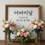 어버이날 캘리그라피 액자에 새긴 감사 문구와 카네이션 화분이 함께 있는 모습