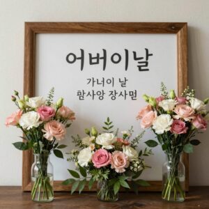 어버이날 캘리그라피 액자에 새긴 감사 문구와 카네이션 화분이 함께 있는 모습