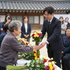 어버이날 행사 사회자가 어르신들과 함께 카네이션을 전달하며 인사하는 모습