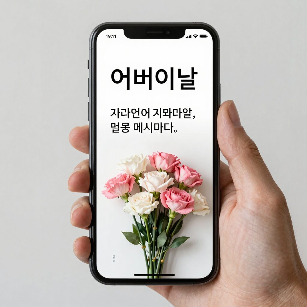 어버이날 문자를 보내는 모습이 담긴 스마트폰 화면, 카네이션과 함께 따뜻한 메시지를 작성하고 있다