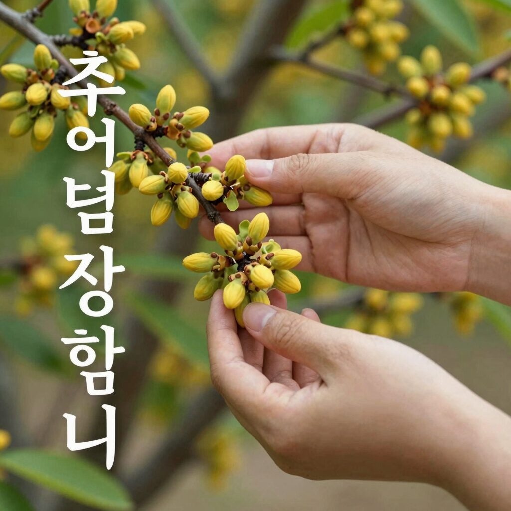 초여름 정원에서 매실을 따는 손