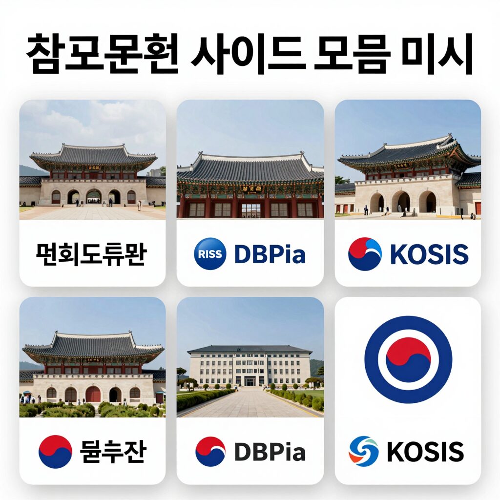 참고문헌 사이트 모음 이미지. 국회도서관, RISS, DBPia, KOSIS 등 다양한 사이트 로고가 콜라주 형태로 배치되어 있음