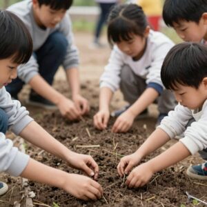 아이들이 논에서 손으로 모를 심고 있는 모내기 체험 현장 사진