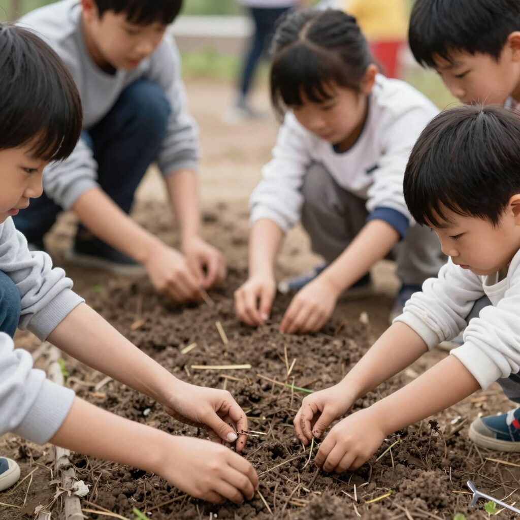 아이들이 논에서 손으로 모를 심고 있는 모내기 체험 현장 사진