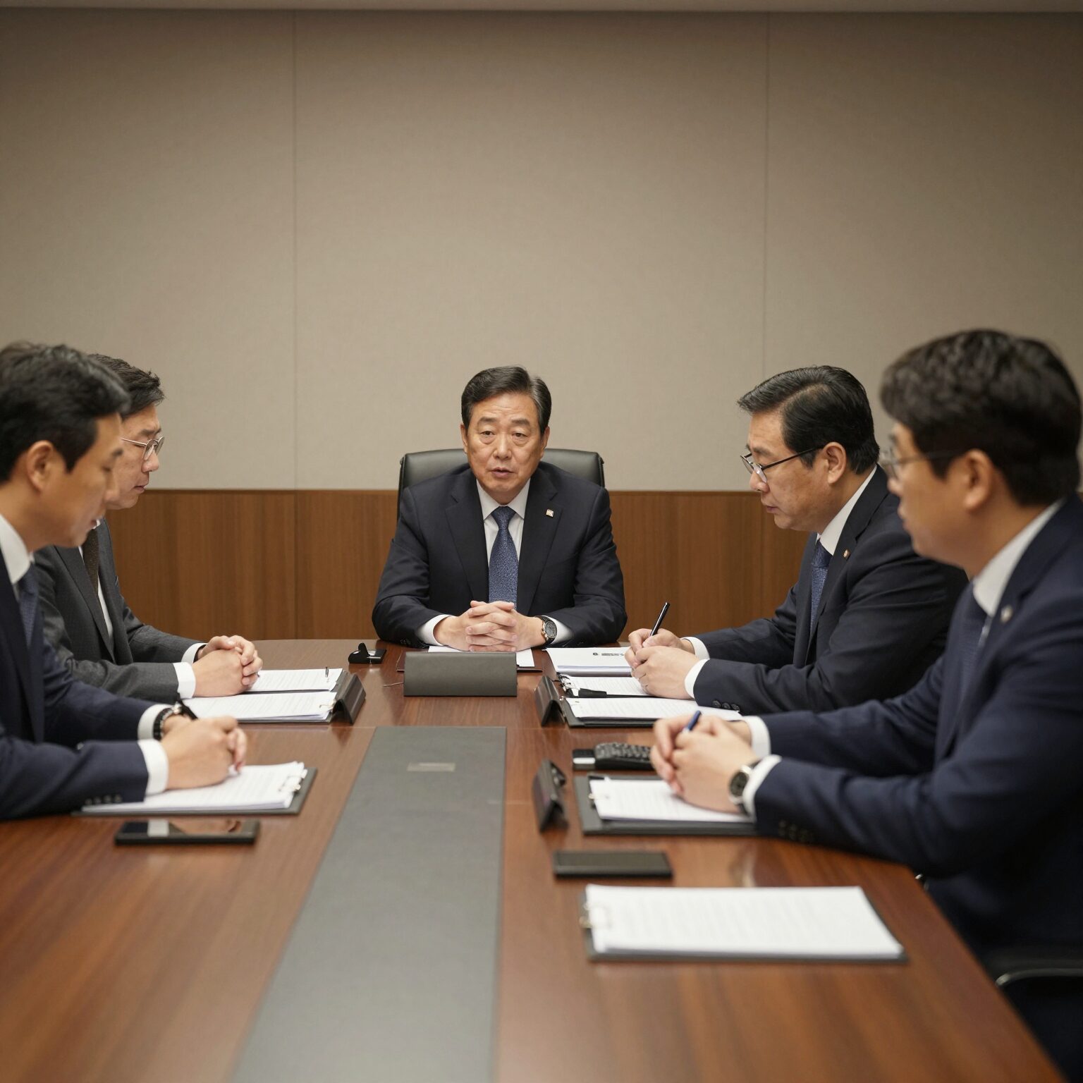삼성전자 노조협상이 진행 중인 회의실 모습. 사측과 노조 대표가 마주 앉아 문서를 보고 있다.