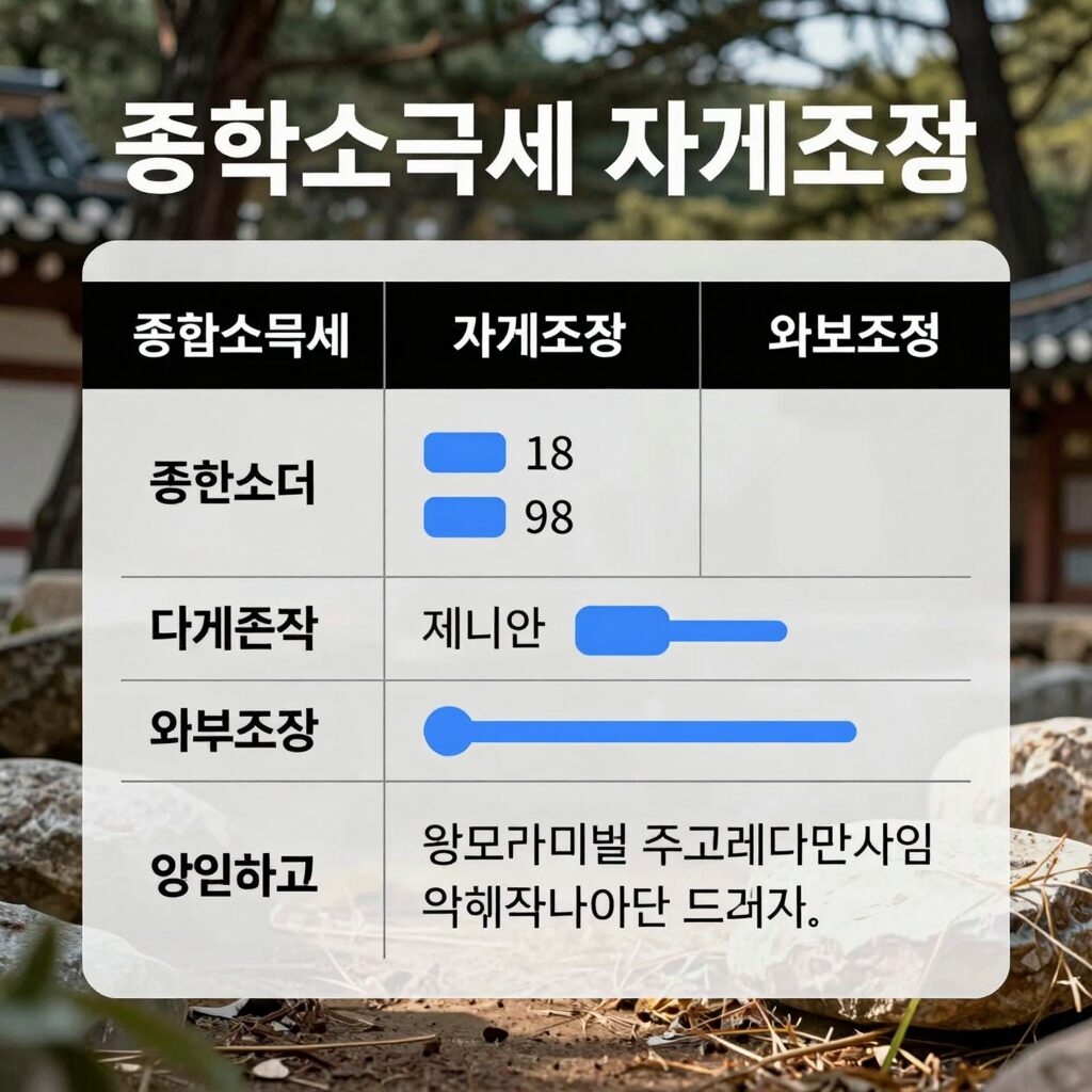 종합소득세 자기조정과 외부조정의 차이점을 설명하는 표와 그래프 이미지