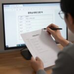 자영업자가 종합소득세 신고 서류를 정리하며 홈택스 화면을 보고 있는 모습