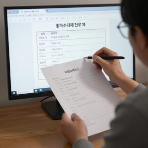 자영업자가 종합소득세 신고 서류를 정리하며 홈택스 화면을 보고 있는 모습