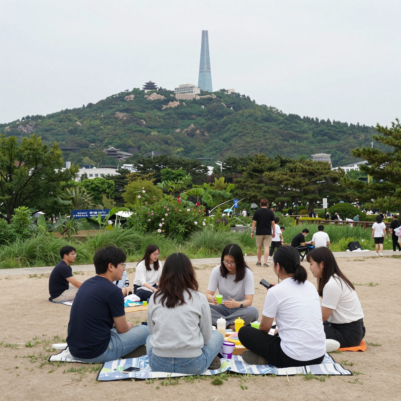 서울 6월 한강 공원에서 돗자리를 깔고 피크닉을 즐기는 사람들의 모습, 뒤로는 남산과 63빌딩이 보인다