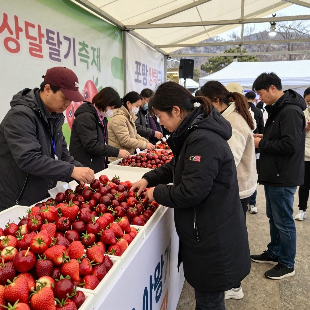 포항 산딸기 축제 현장 산딸기 판매 부스 앞에 긴 줄이 서 있는 모습