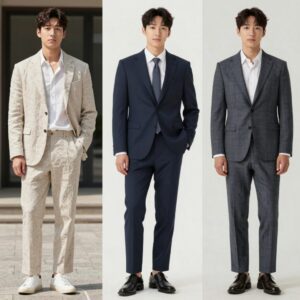 여름 남자 하객룩으로 추천하는 세 가지 스타일을 비교한 사진. 왼쪽부터 린넨 정장, 감탄 정장, 히든 밴딩 정장의 착용 모습