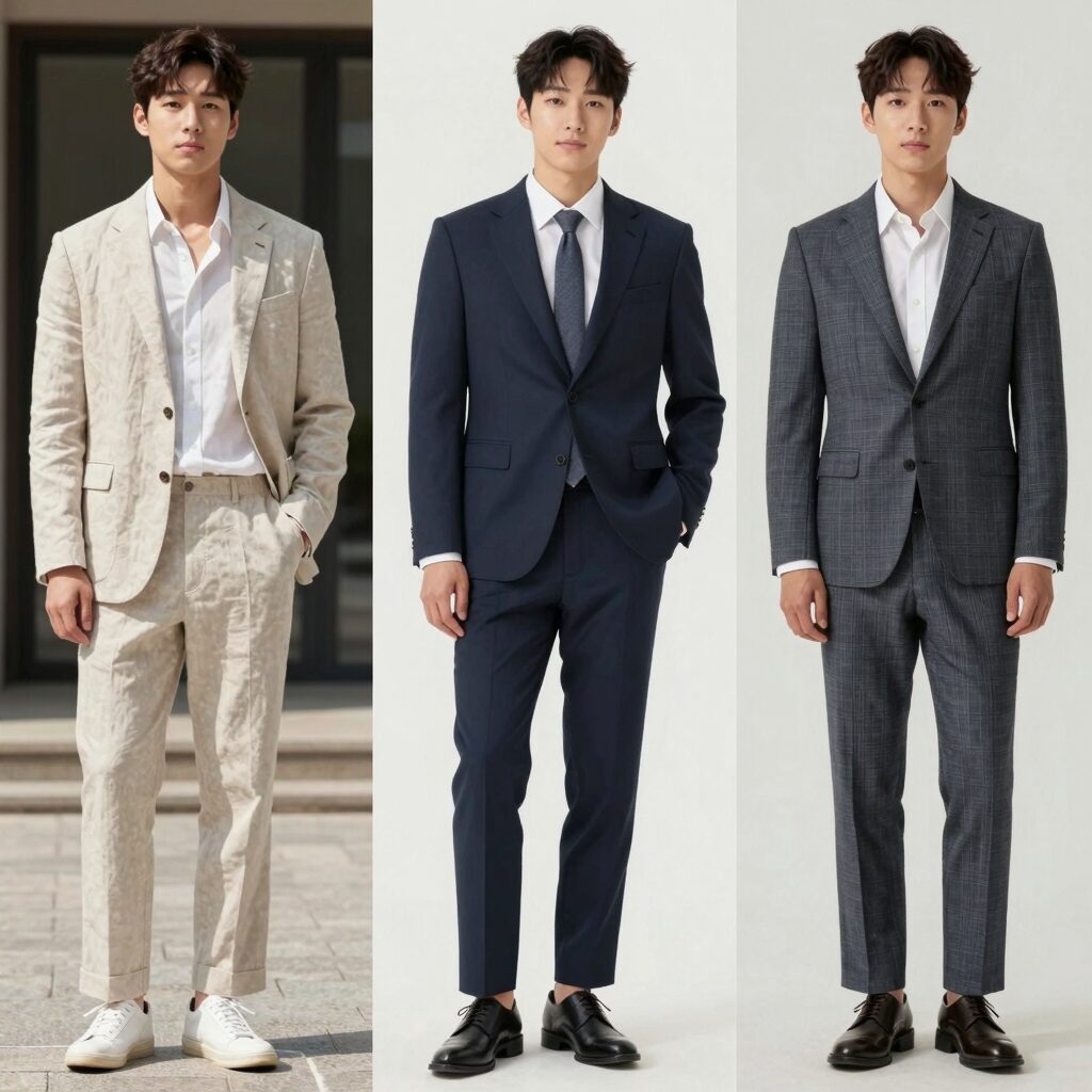 여름 남자 하객룩으로 추천하는 세 가지 스타일을 비교한 사진. 왼쪽부터 린넨 정장, 감탄 정장, 히든 밴딩 정장의 착용 모습