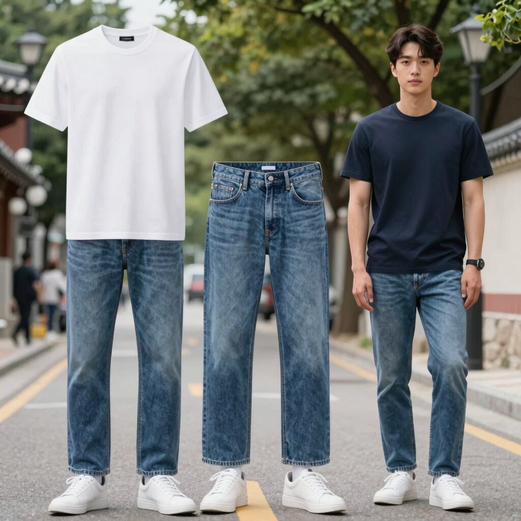여름 남성 청바지 스타일링, 얇은 데님과 화이트 티셔츠 코디