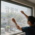 2026년 여름 폭염 대비를 위해 창문에 단열필름을 부착하는 모습. 햇빛이 강하게 들어오는 창문 앞에 필름을 붙여 열기 차단 효과를 높이는 장면