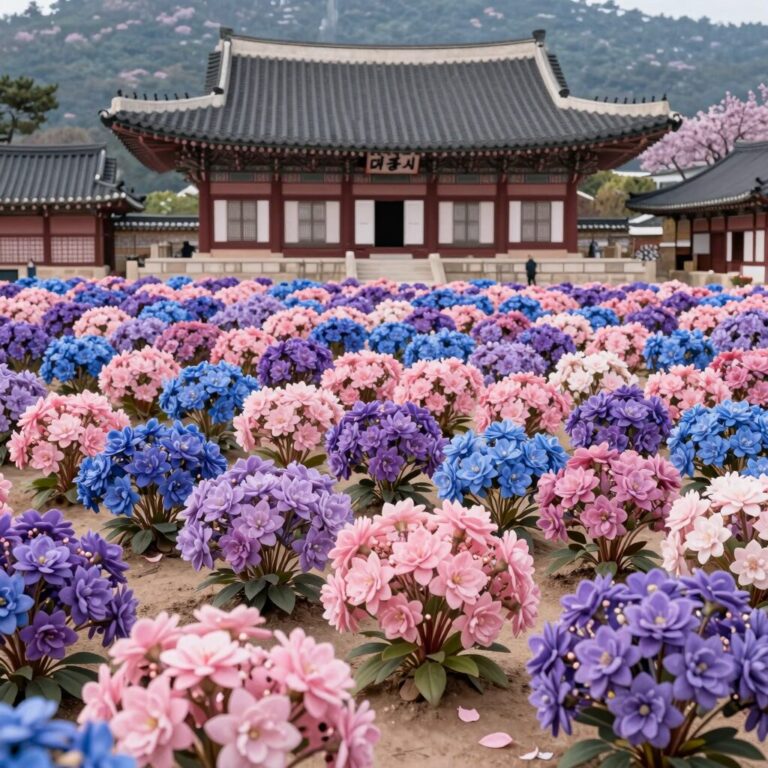 태종사 대웅전 앞 만개한 분홍, 보라, 하늘색 수국 군락지 모습