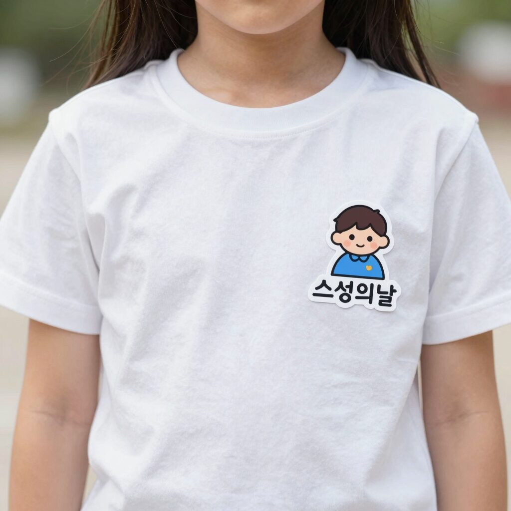 어린이 흰 티셔츠에 붙인 스승의날 의류스티커 클로즈업