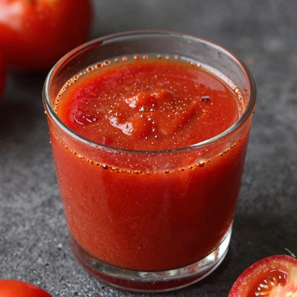 완성된 토마토주스 한 잔이 테이블 위에 놓여 있다. 붉은색이 선명하고 표면에 올리브오일이 살짝 보인다.
