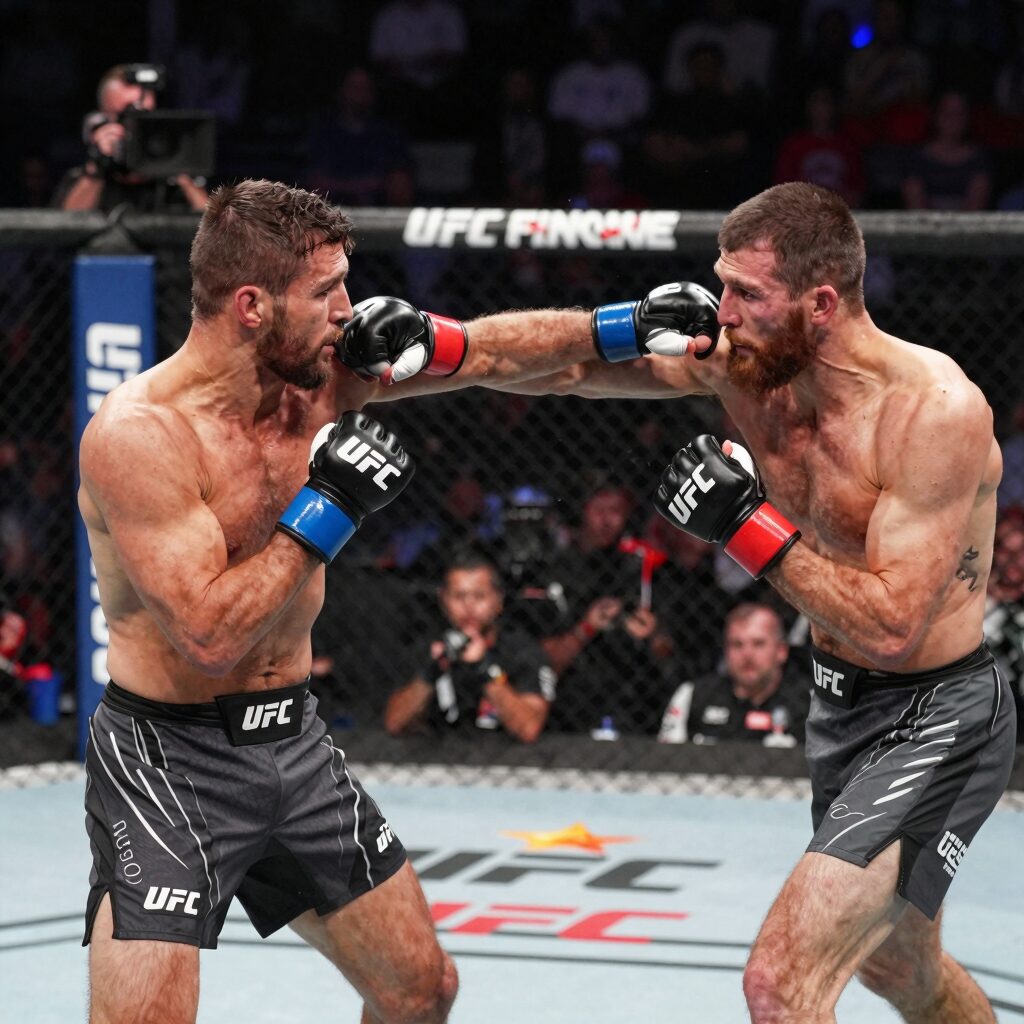 UFC 328 메인 이벤트에서 션 스트릭랜드가 함자트 치마예프를 상대로 펀치를 날리는 장면