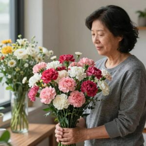 미국 어머니날 상징 카네이션 꽃다발과 축하 메시지
