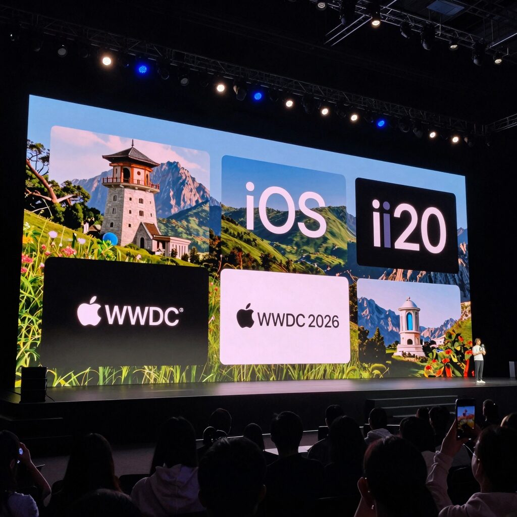 Apple WWDC 2026 keynote stage with large screen showing iOS 20 features