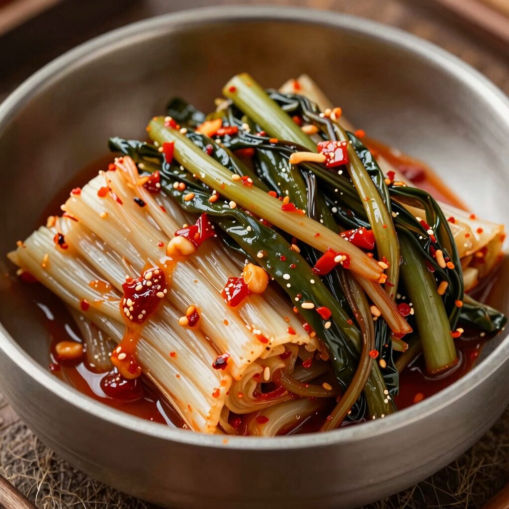 아삭한 열무김치와 새콤달콤 양념장이 올려진 한 그릇의 열무국수 완성 사진