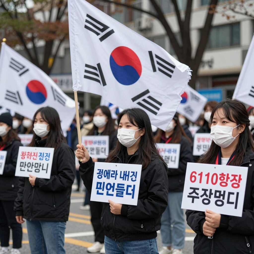 2026년 610항쟁 기념식 광화문광장 현장 모습. 시민들이 태극기와 민주화 피켓을 들고 모여 있다.