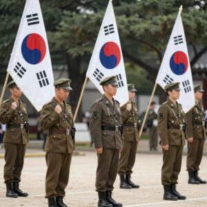 6.25 전쟁 기념식에서 참전용사들이 태극기를 바라보며 묵념하는 모습