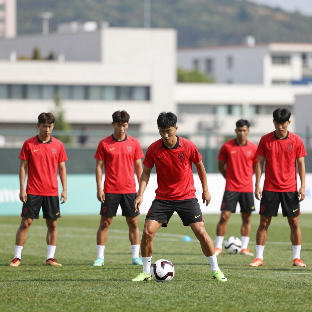 2026년 6월 알제리 축구 대표팀 선수들이 훈련장에 모여 있는 모습, 유니폼을 입고 포즈를 취함